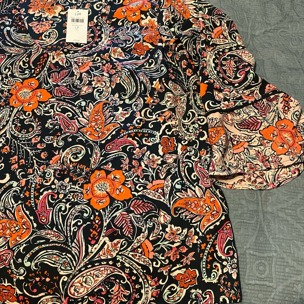 NWT J Jill poly blouse with flounce 3/4 sleeve floral print LP